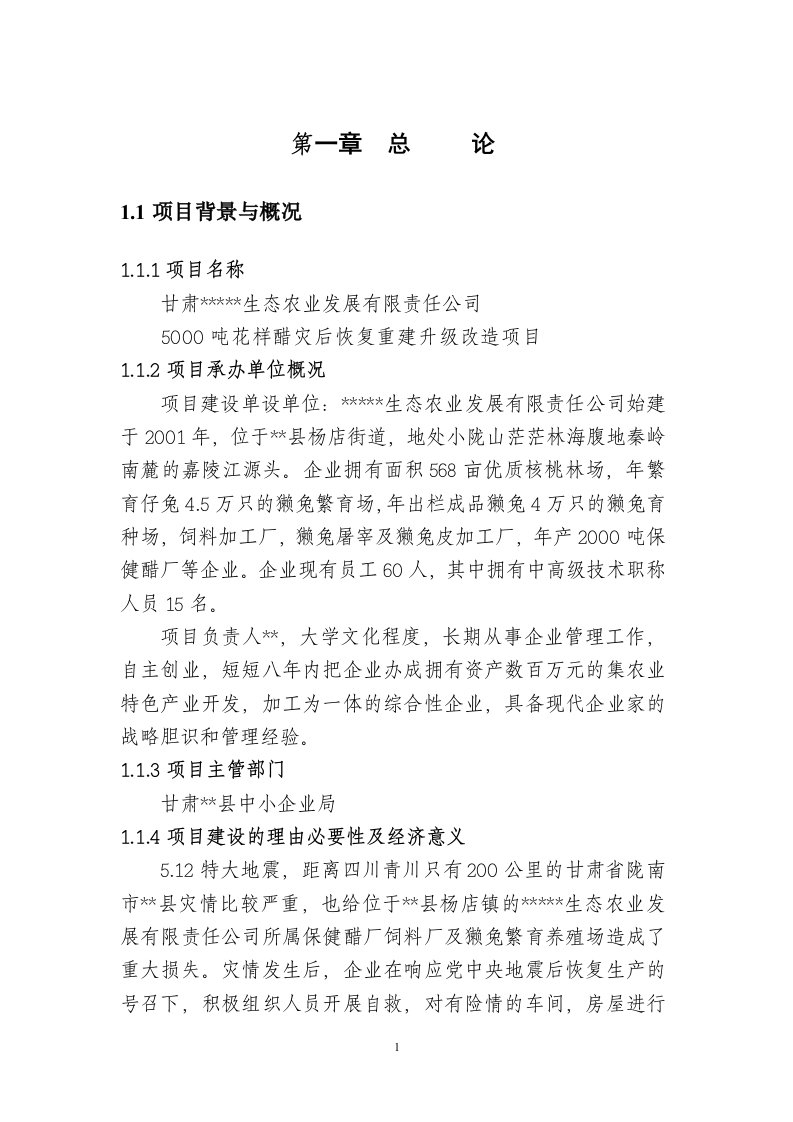 年产5000吨花样醋灾后恢复重建升级改造项目可行性研究报告