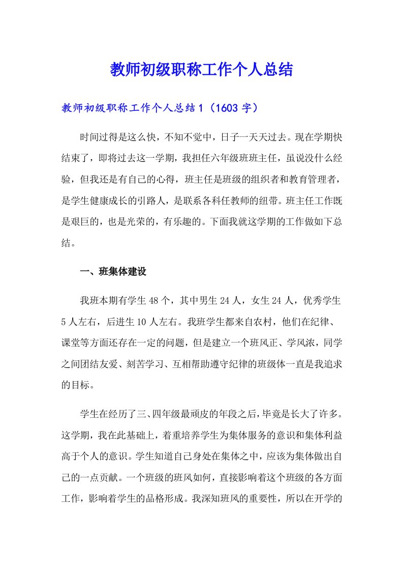 教师初级职称工作个人总结