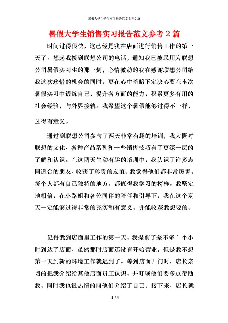 暑假大学生销售实习报告范文参考2篇