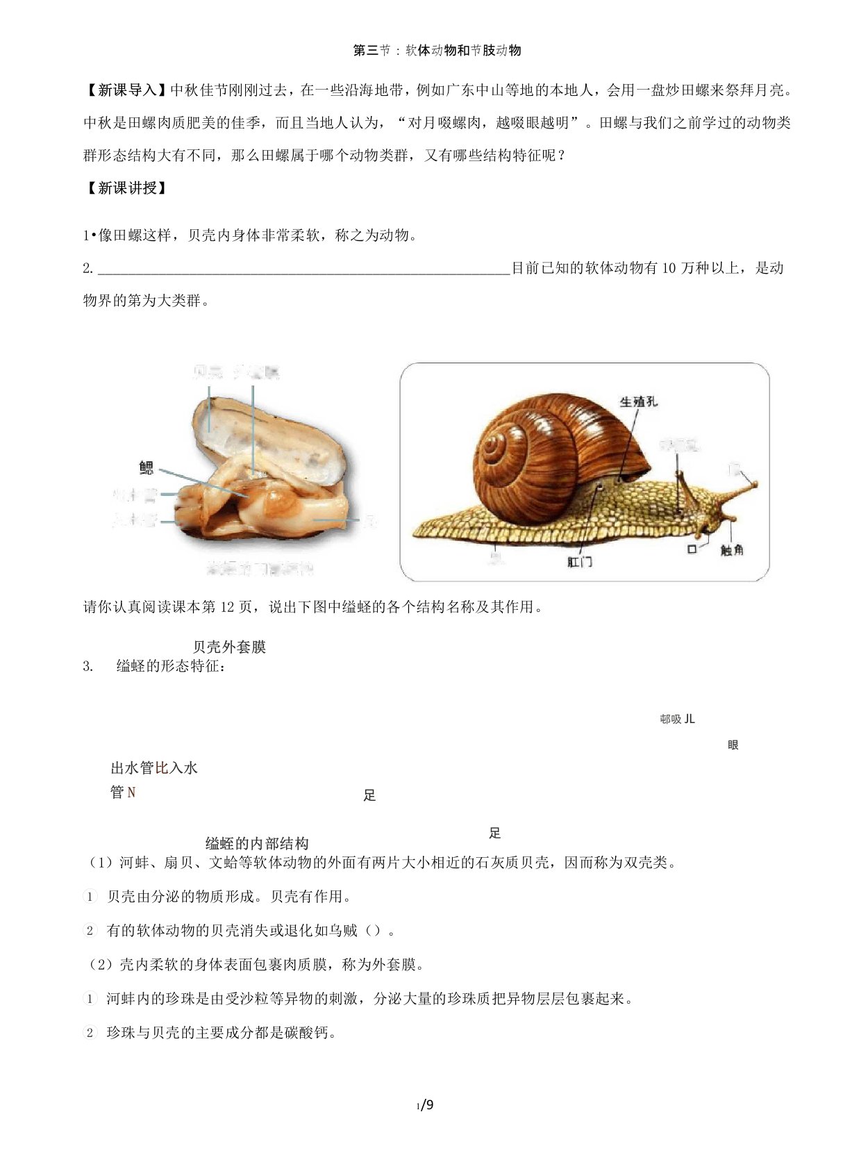 2019年人教版八上生物5.1.3软体动物和节肢动物导学案