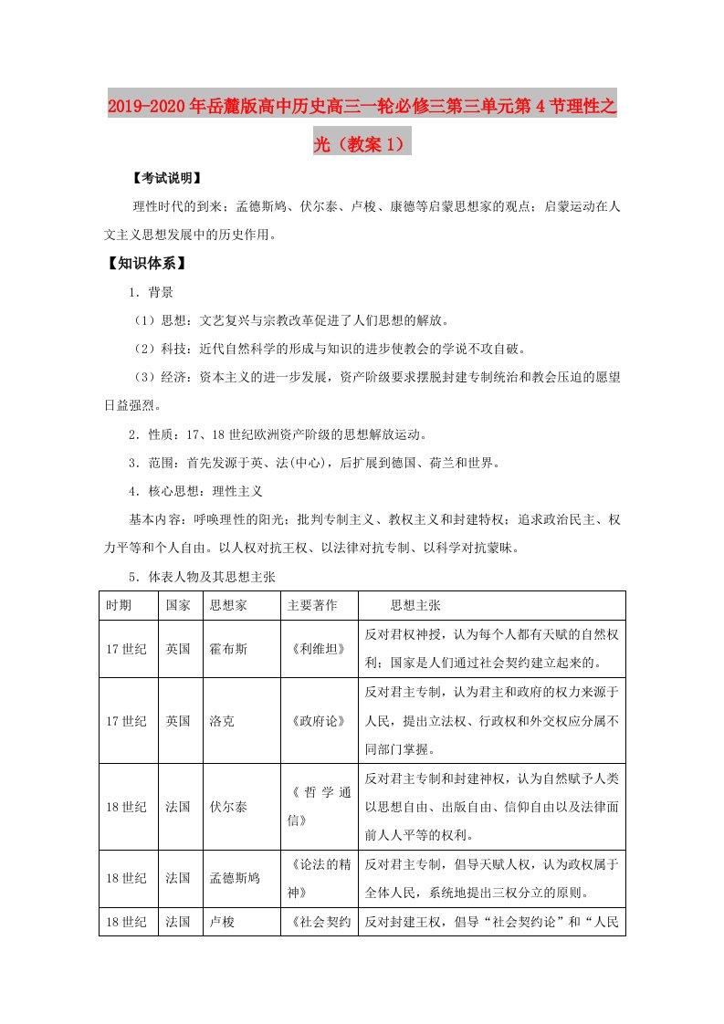 2019-2020年岳麓版高中历史高三一轮必修三第三单元第4节理性之光（教案1）