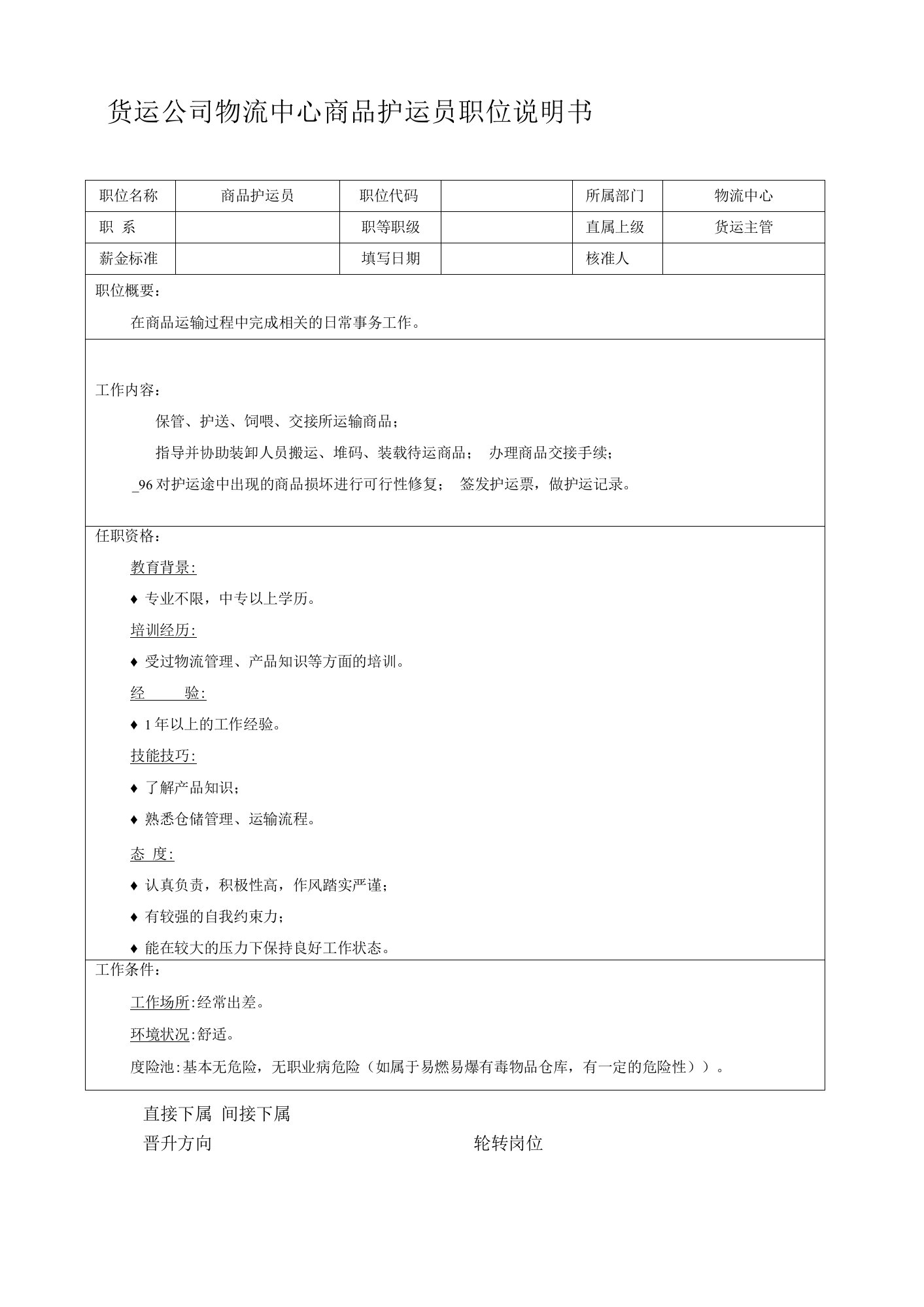 货运公司物流中心商品护运员职位说明书