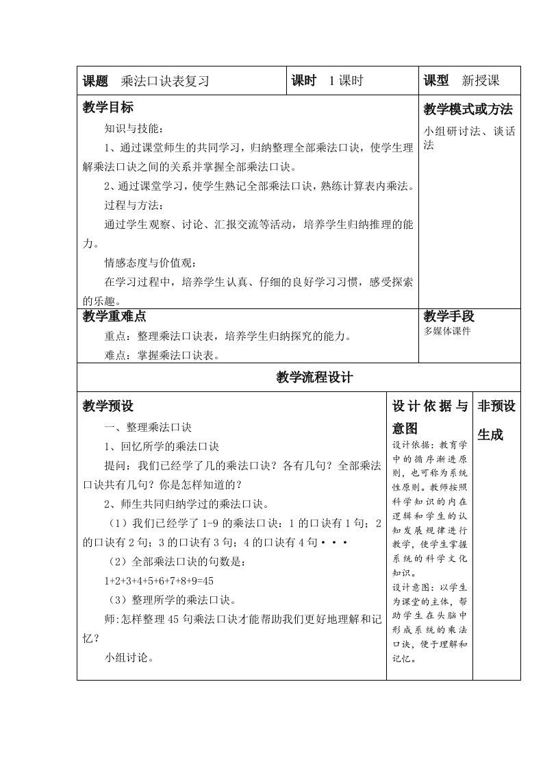 小学二年级数学上第六单元教案表内乘法(二)-乘法口诀表