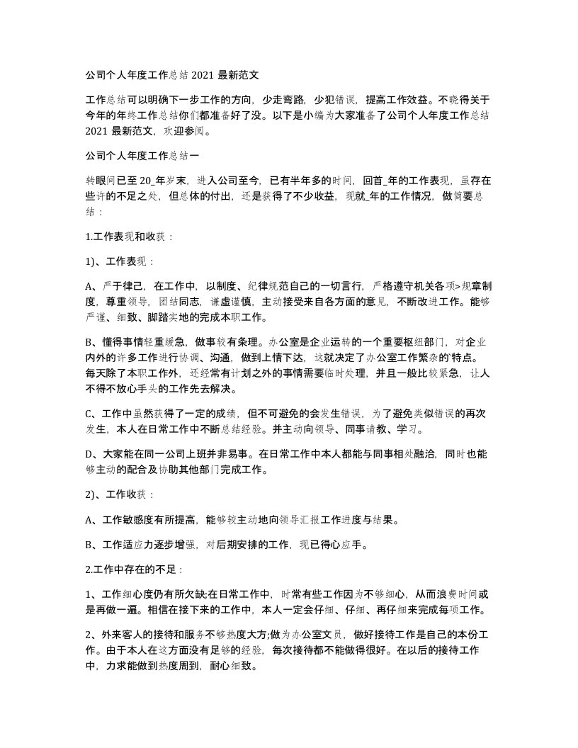 公司个人年度工作总结2021范文