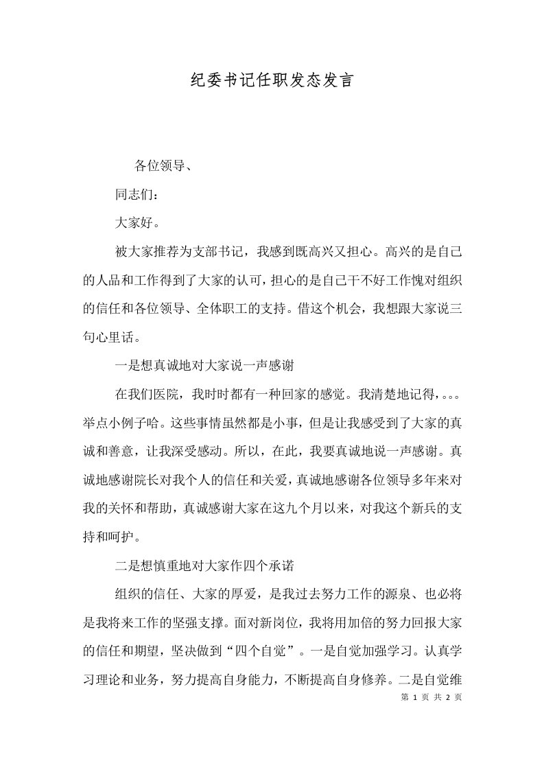 纪委书记任职发态发言（二）