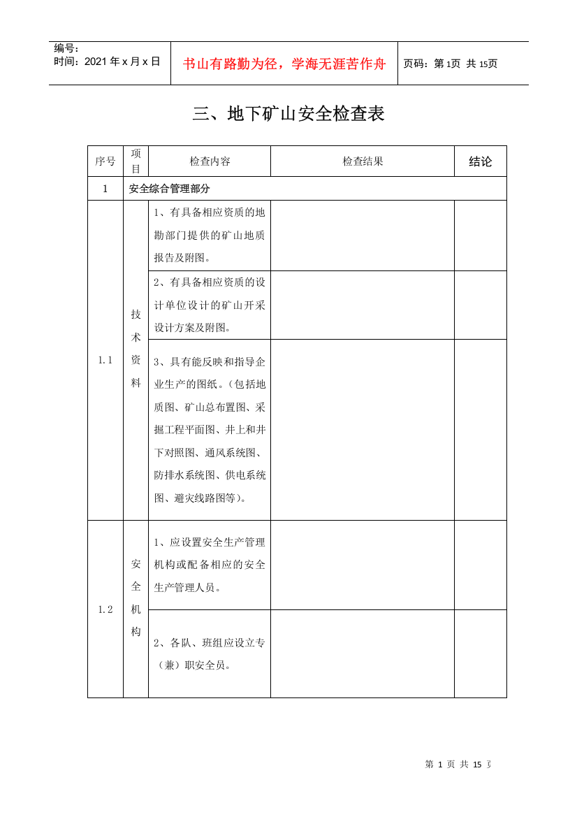 三、地下矿山安全检查表