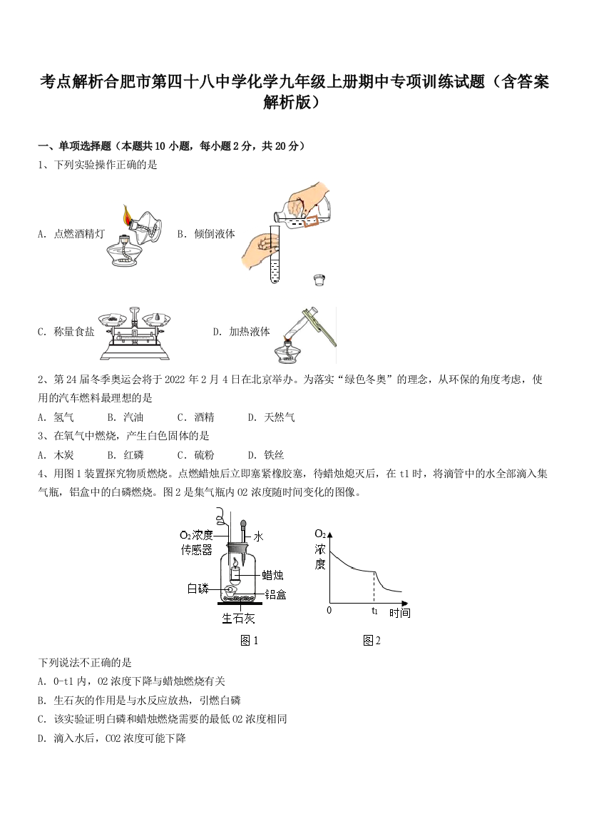 考点解析合肥市第四十八中学化学九年级上册期中专项训练