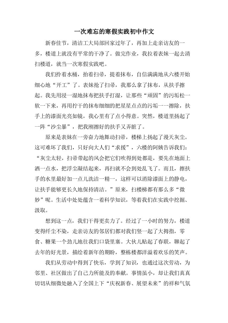 一次难忘的寒假实践初中作文