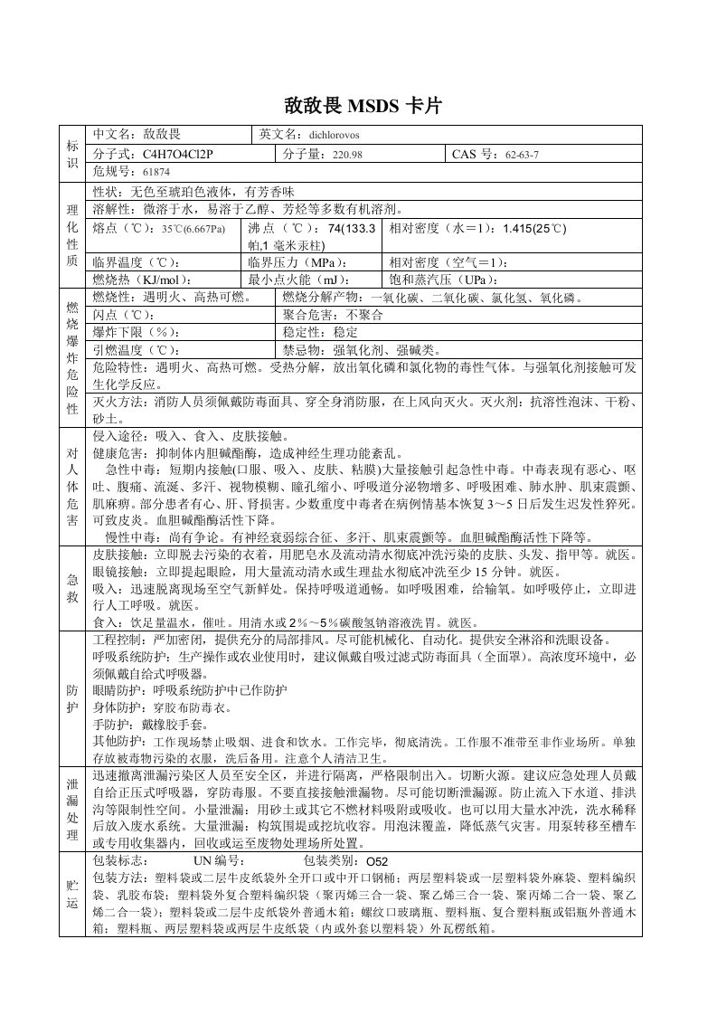 敌敌畏(MSDS)安全技术说明书