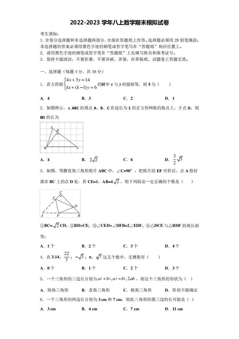 宁波市北仑区数学八年级第一学期期末学业水平测试模拟试题含解析