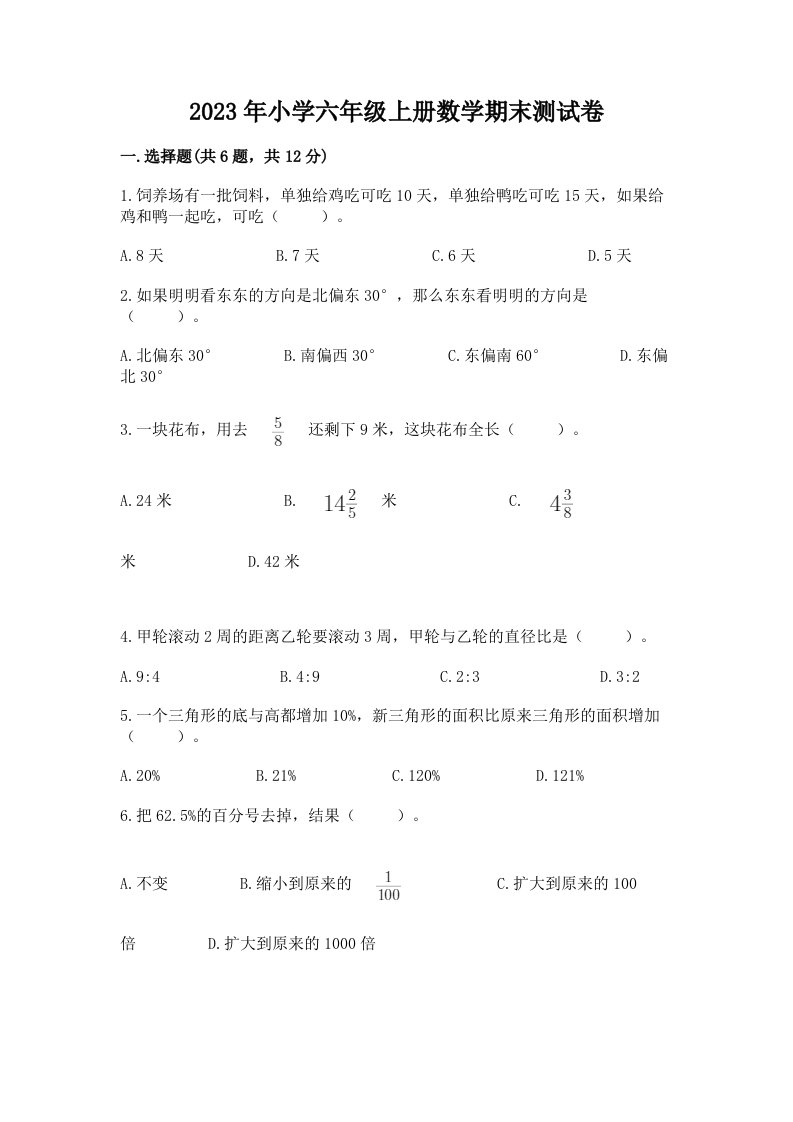 2023年小学六年级上册数学期末测试卷及答案（各地真题）