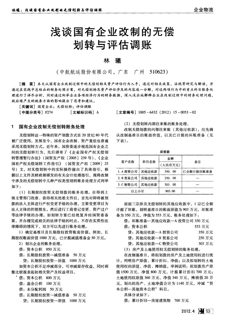 浅谈国有企业改制的无偿划转与评估调账.pdf