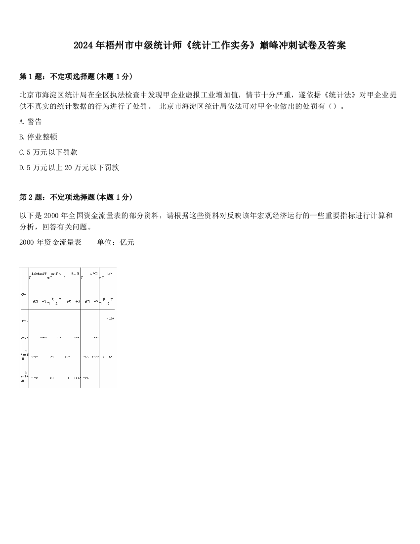 2024年梧州市中级统计师《统计工作实务》巅峰冲刺试卷及答案