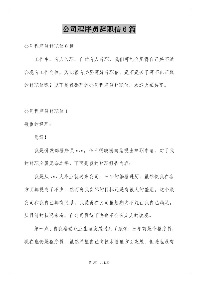 公司程序员辞职信6篇