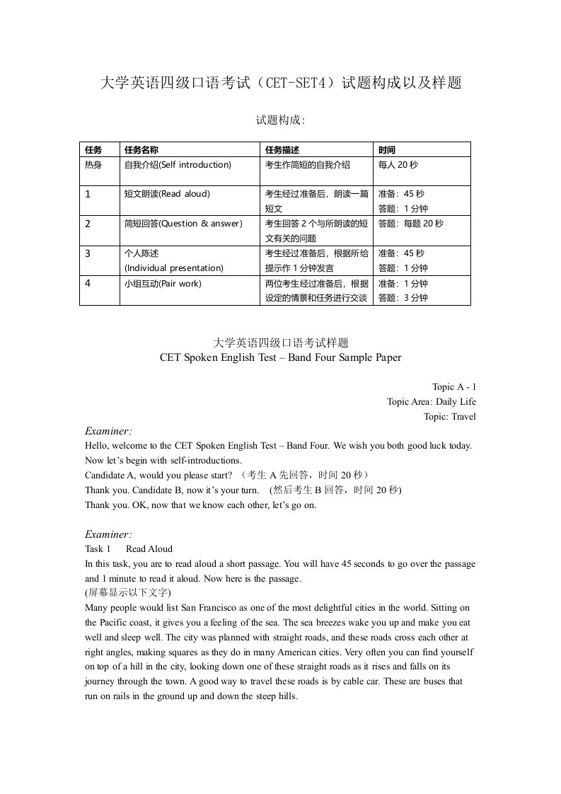 大学英语四级口语考试(cet-set4)试题构成以及样题