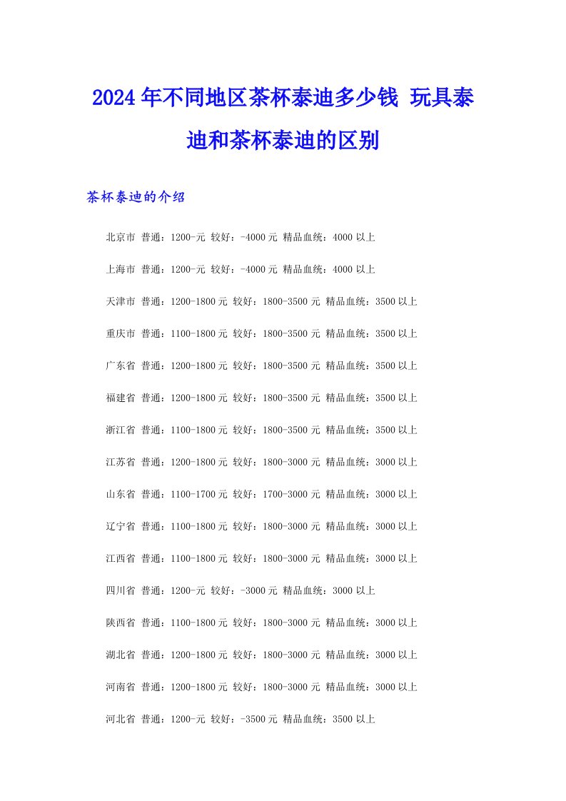 2024年不同地区茶杯泰迪多少钱