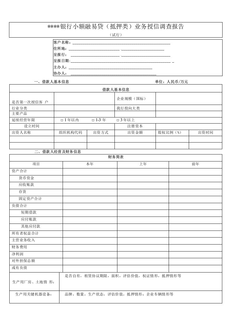 银行小额融易贷（抵押类）业务授信调查审查报告模版