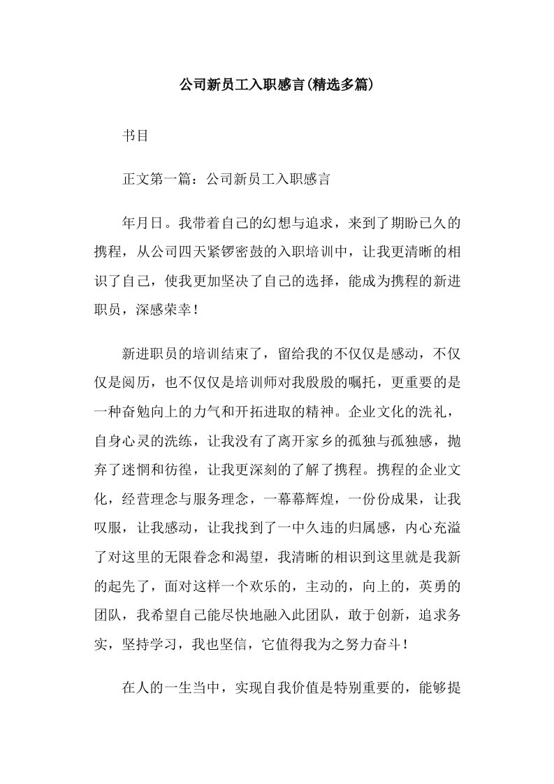 公司新员工入职感言(精选多篇)