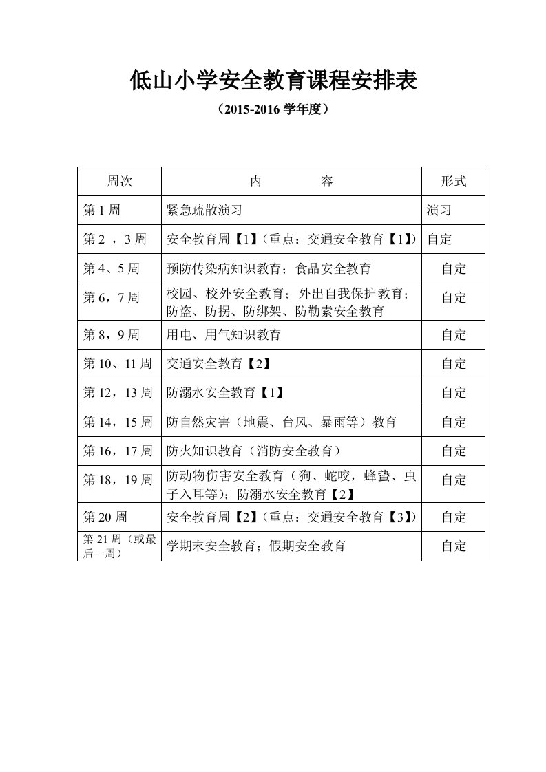 低山小学安全教育课程安排表