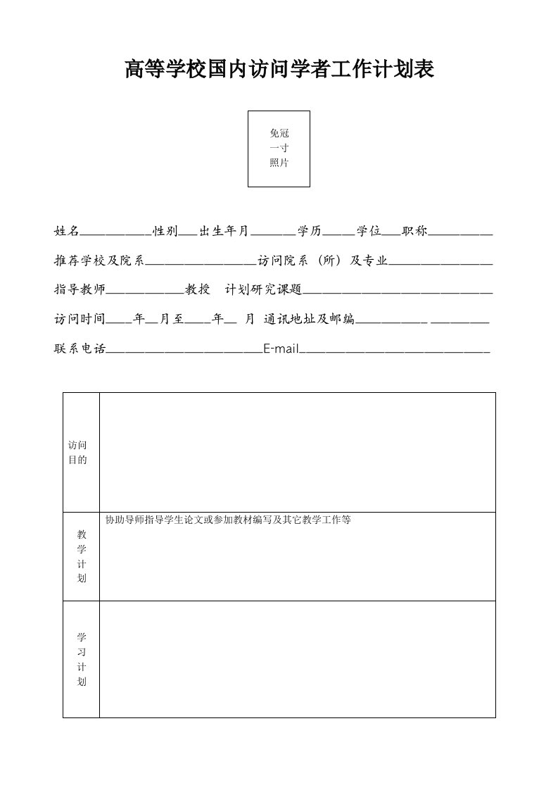 高等学校国内访问学者工作计划表