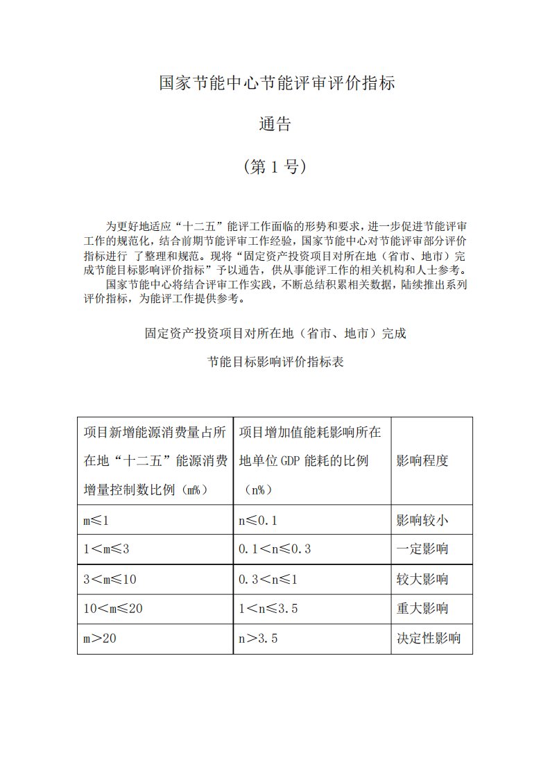 国家节能中心节能评审评价指标通告第1~4号