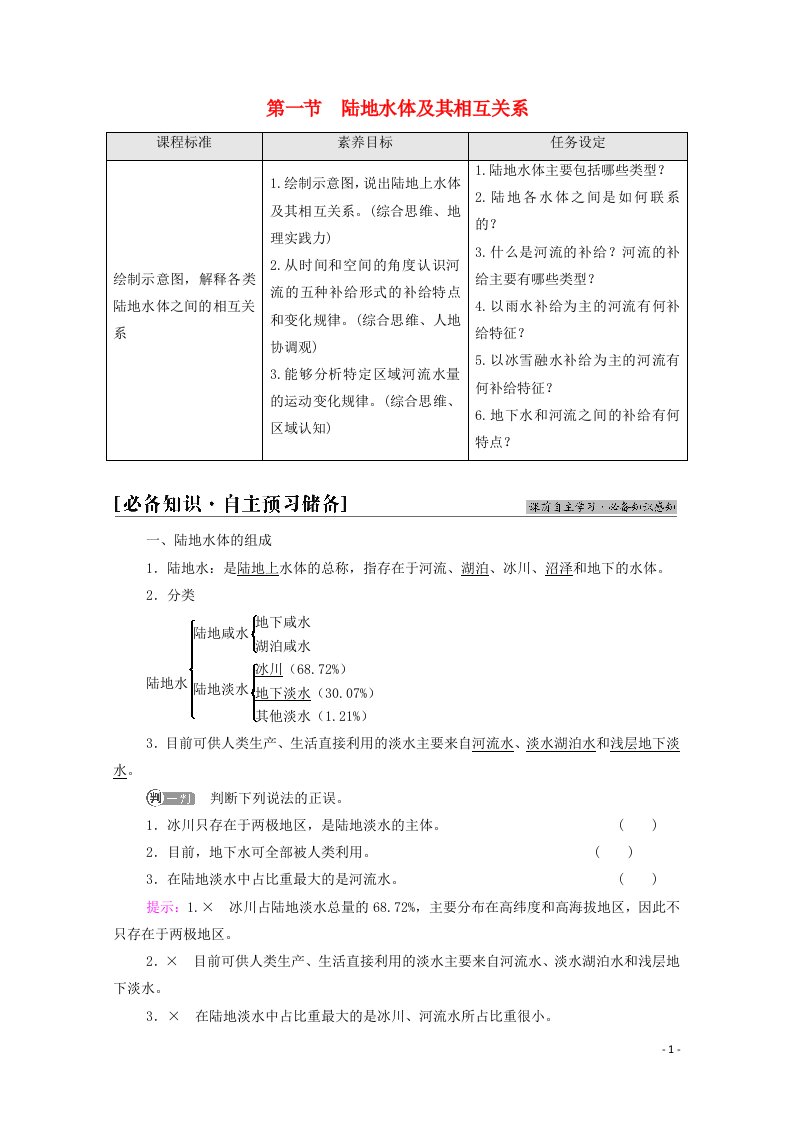 2021_2022学年新教材高中地理第4单元水体运动的影响第1节陆地水体及其相互关系学案鲁教版选择性必修120210611275