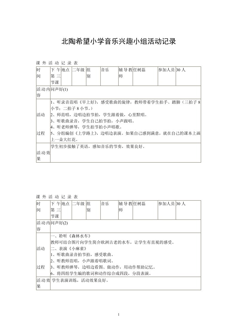 小学音乐兴趣小组活动记录