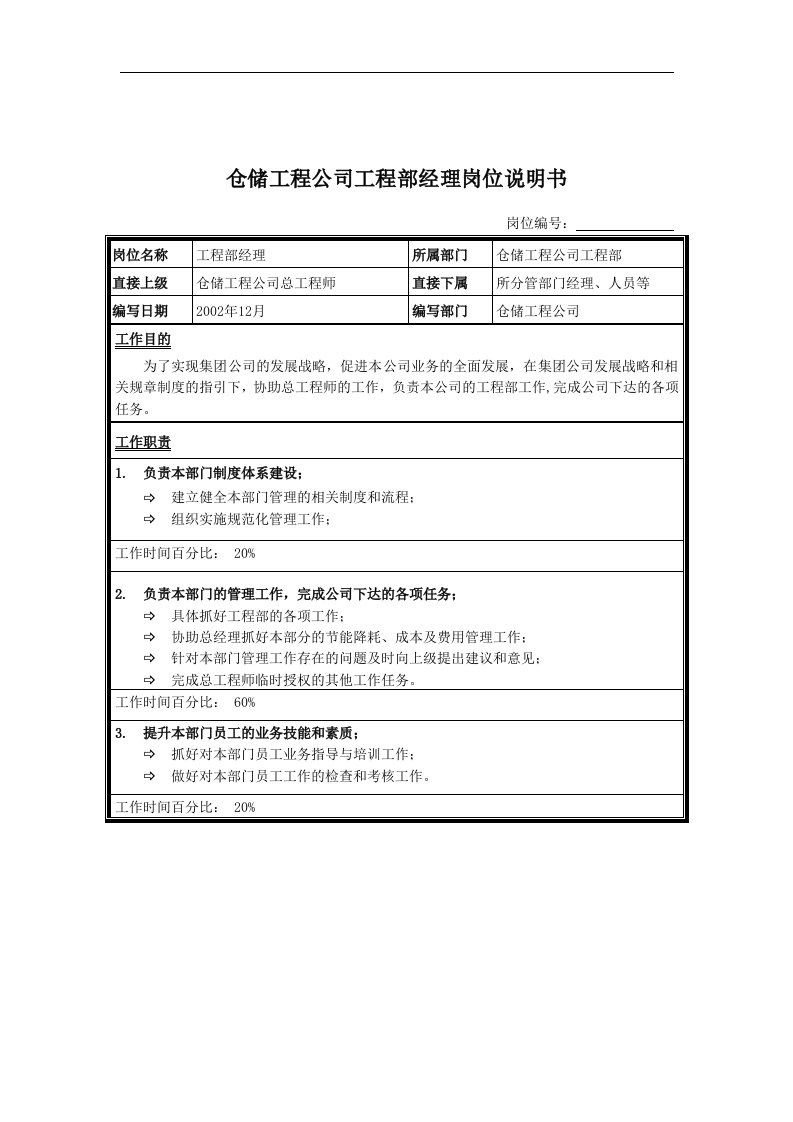 仓储工程公司工程部经理岗位说明书