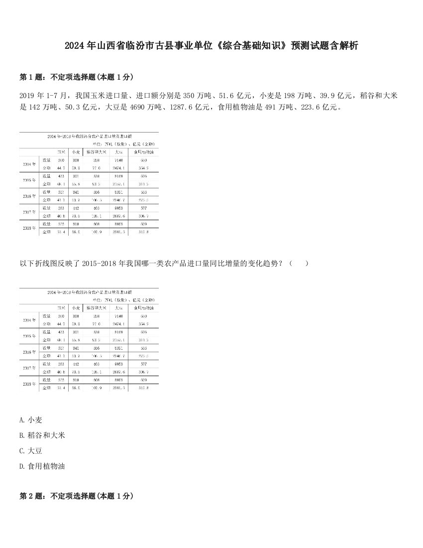 2024年山西省临汾市古县事业单位《综合基础知识》预测试题含解析