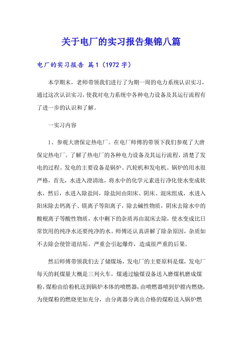 关于电厂的实习报告集锦八篇