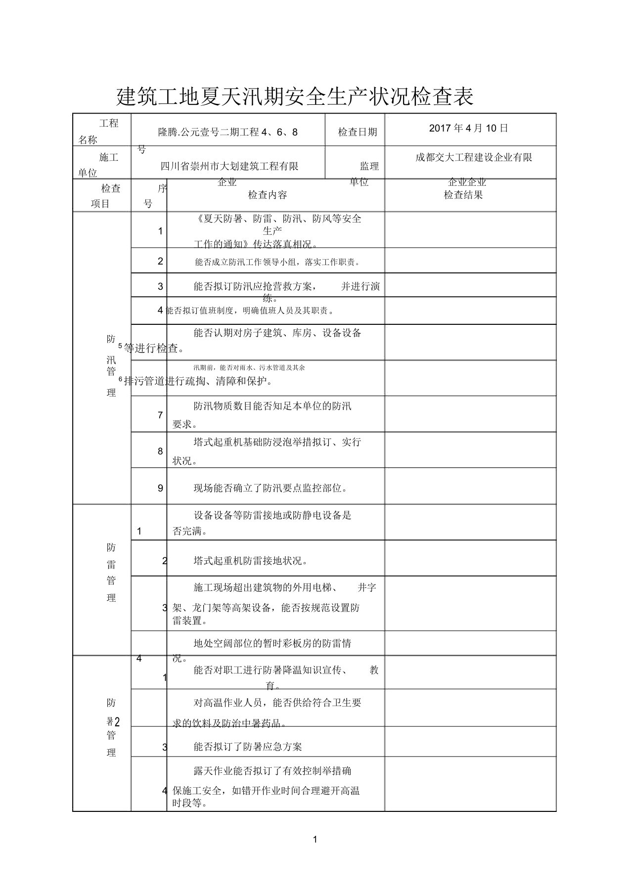 建筑工地汛期安全检查表