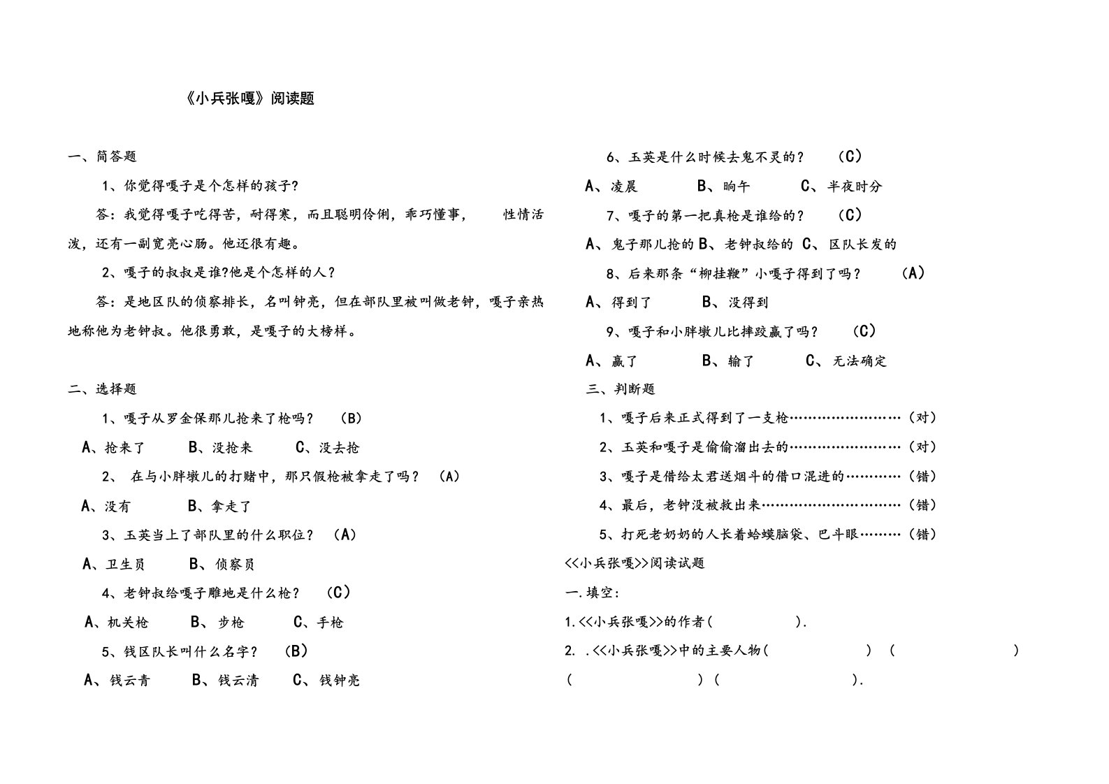 小兵张嘎阅读汇总