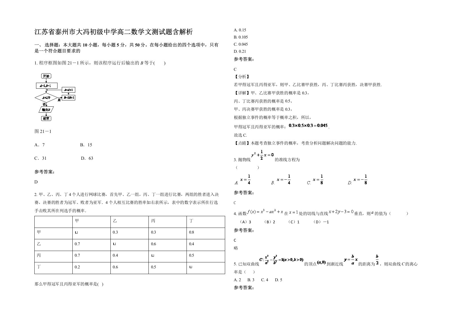 江苏省泰州市大冯初级中学高二数学文测试题含解析