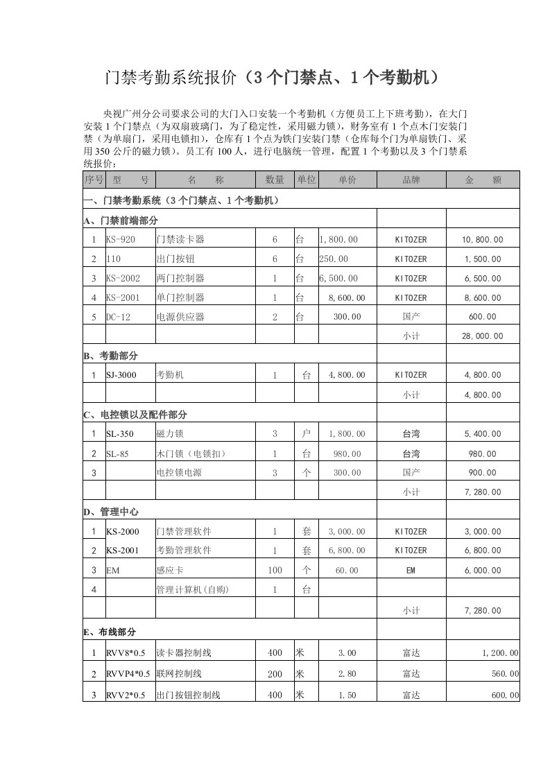 门禁考勤系统报价