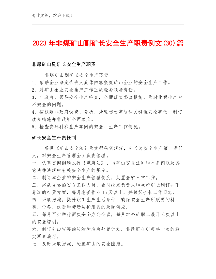 2023年非煤矿山副矿长安全生产职责例文(30)篇