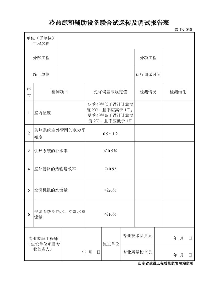 鲁JN-030冷热源和辅助设备联合试运转及调试报告