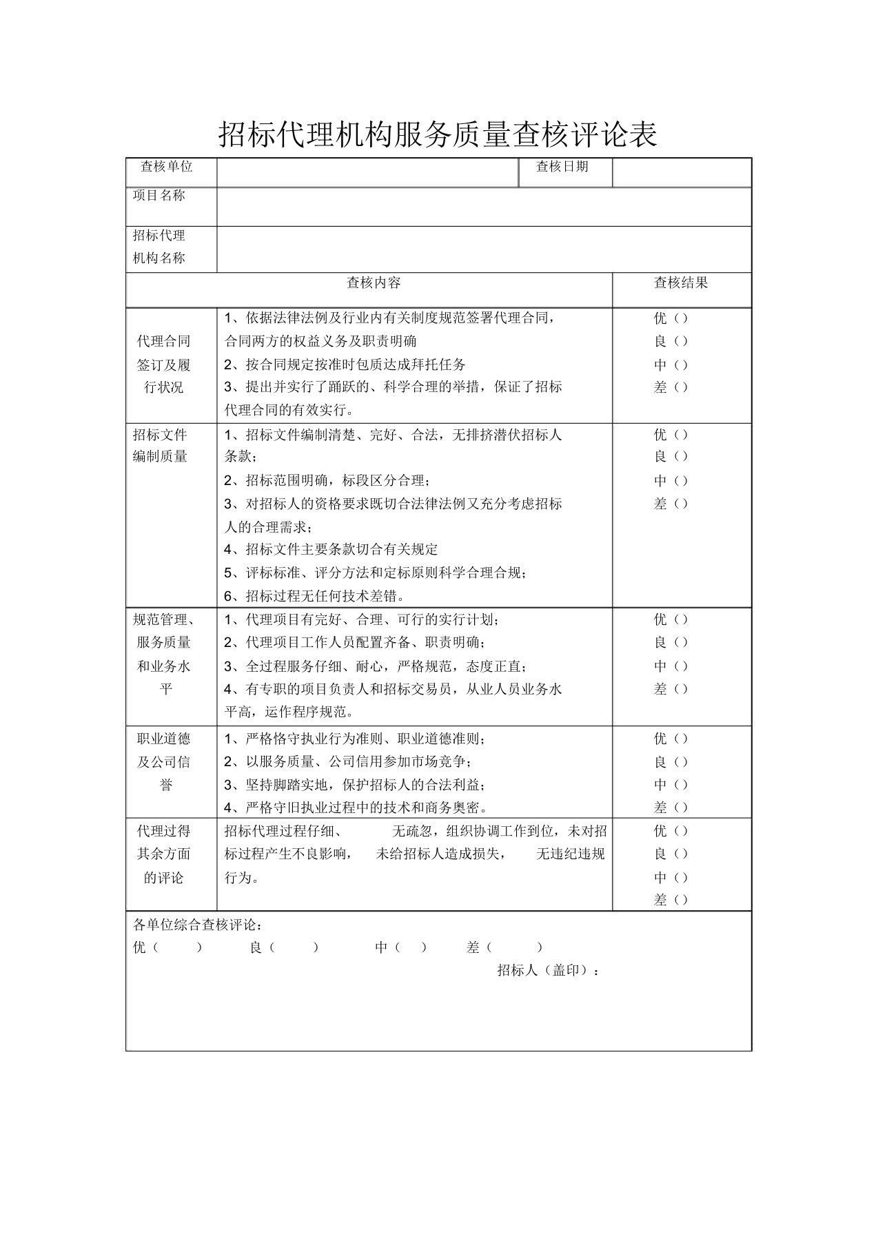 招标代理机构服务质量考核评价表