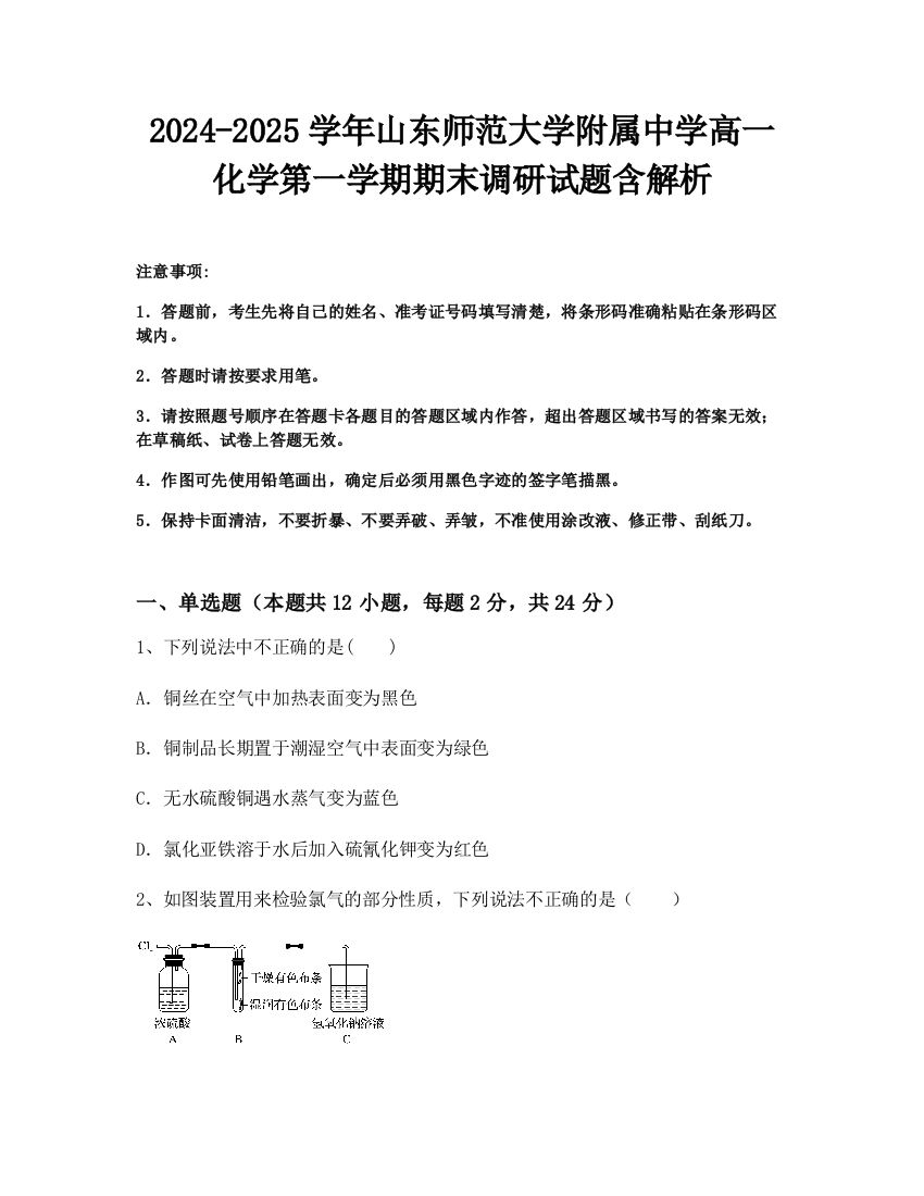 2024-2025学年山东师范大学附属中学高一化学第一学期期末调研试题含解析