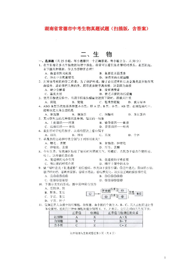 湖南省常德市中考生物真题试题（扫描版，含答案）