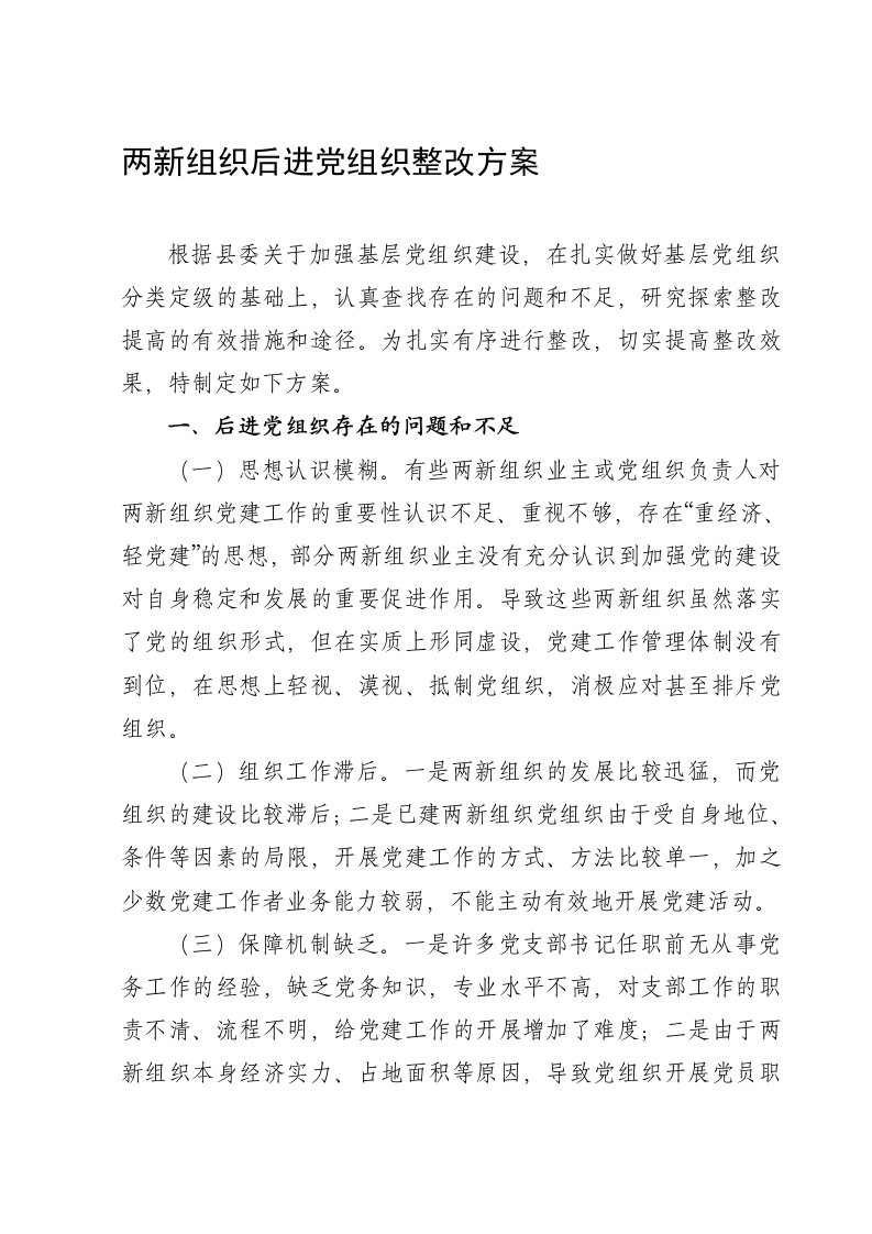 两新组织后进党组织整改方案