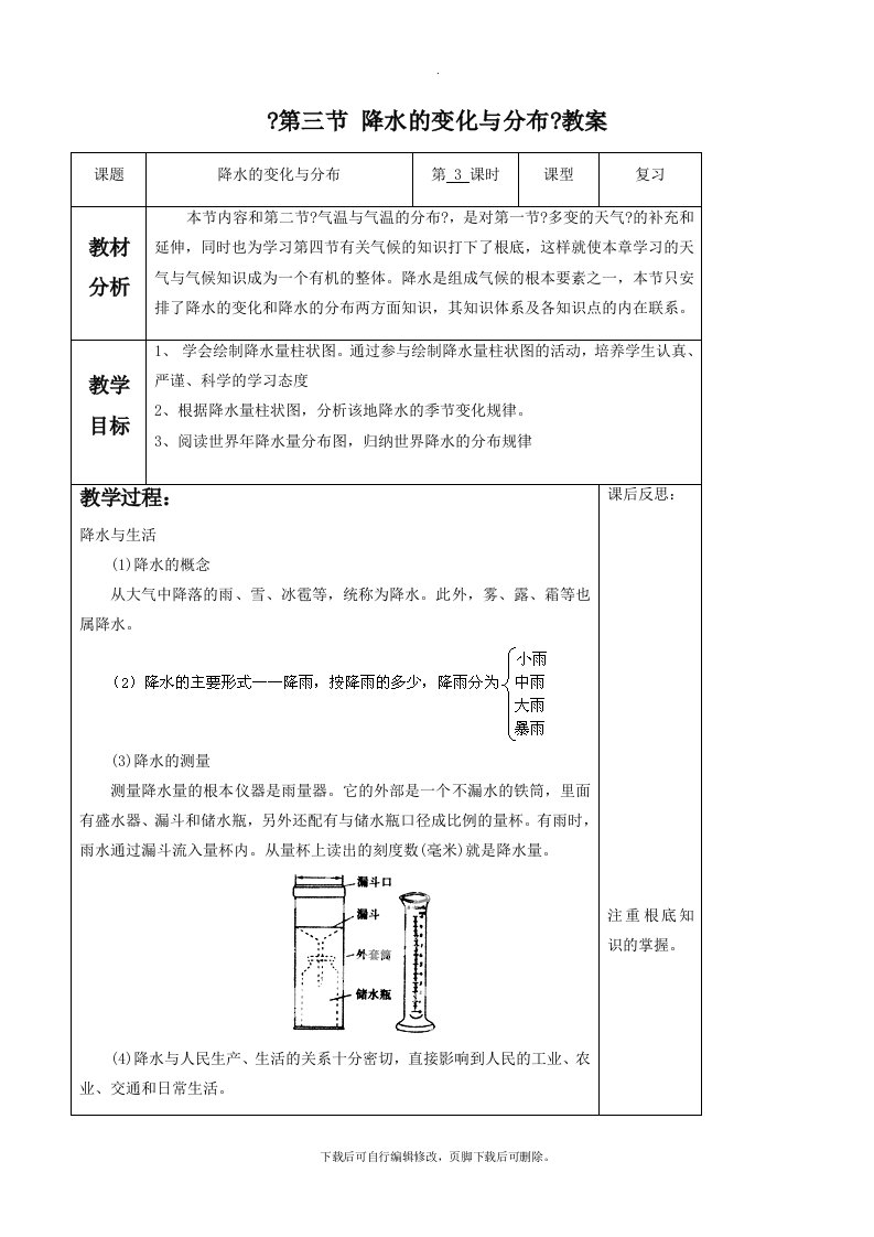 初中人教版地理七年级上册3.3《降水的变化与分布》教案7