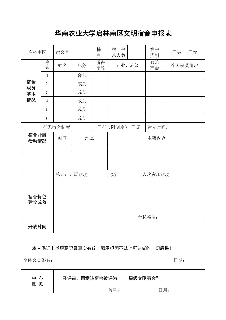 华南农业大学启林南区文明宿舍申报表