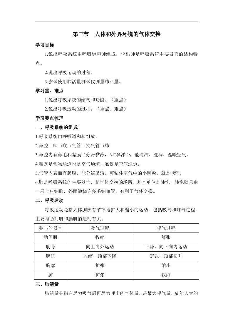 《人体和外界环境的气体交换》学习要点