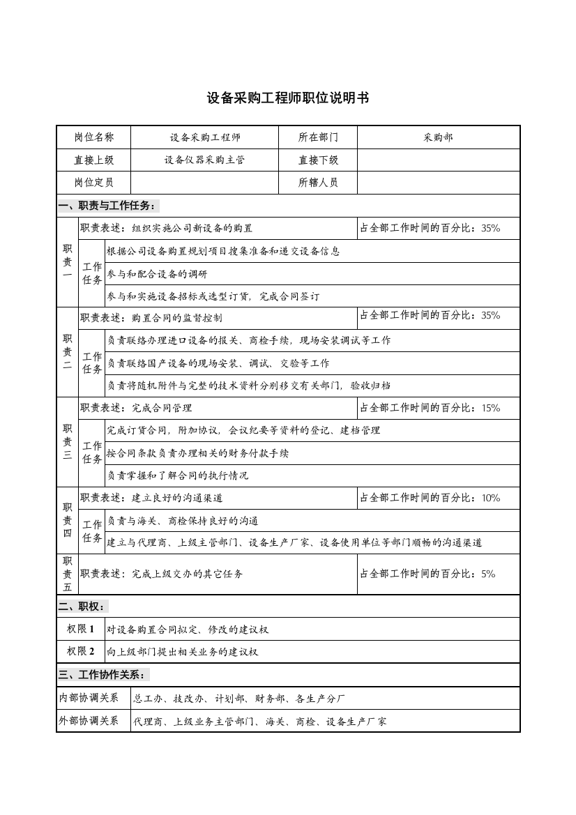 仪器生产企业设备采购工程师职位说明书