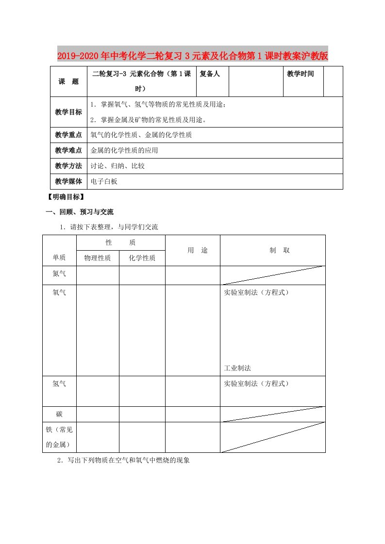 2019-2020年中考化学二轮复习3元素及化合物第1课时教案沪教版