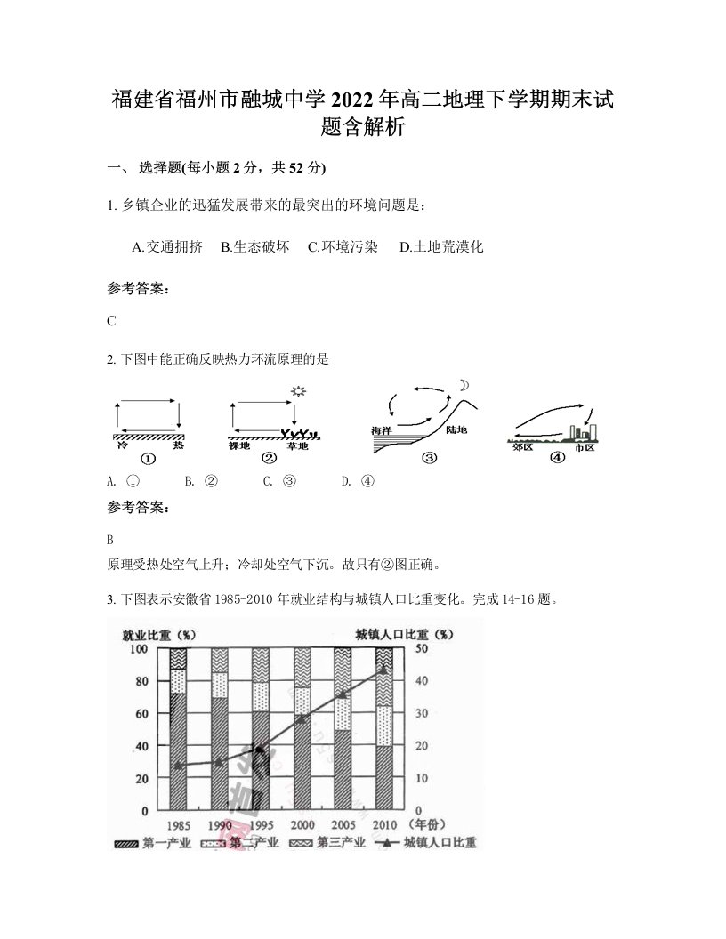 福建省福州市融城中学2022年高二地理下学期期末试题含解析