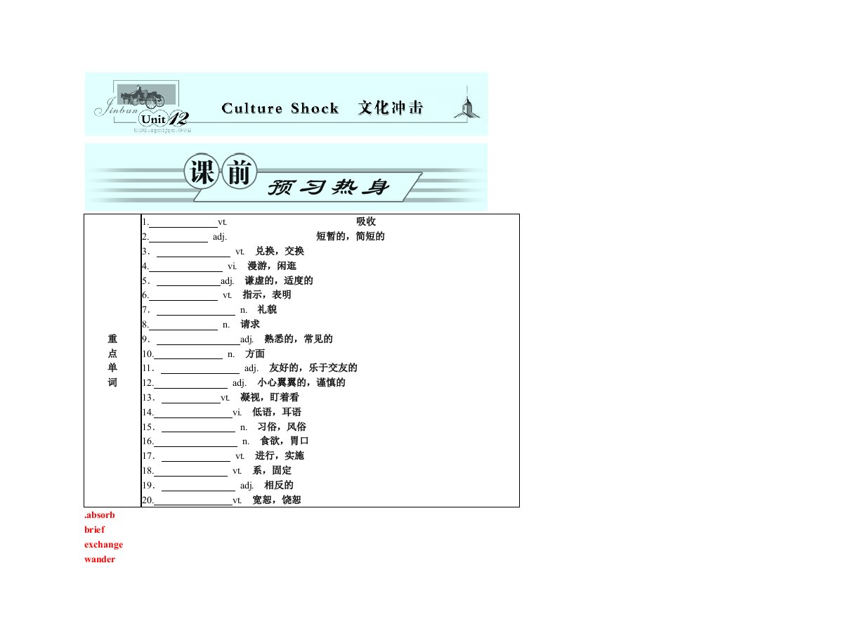 高中英语Unit12CultreShock学案北师大版必修