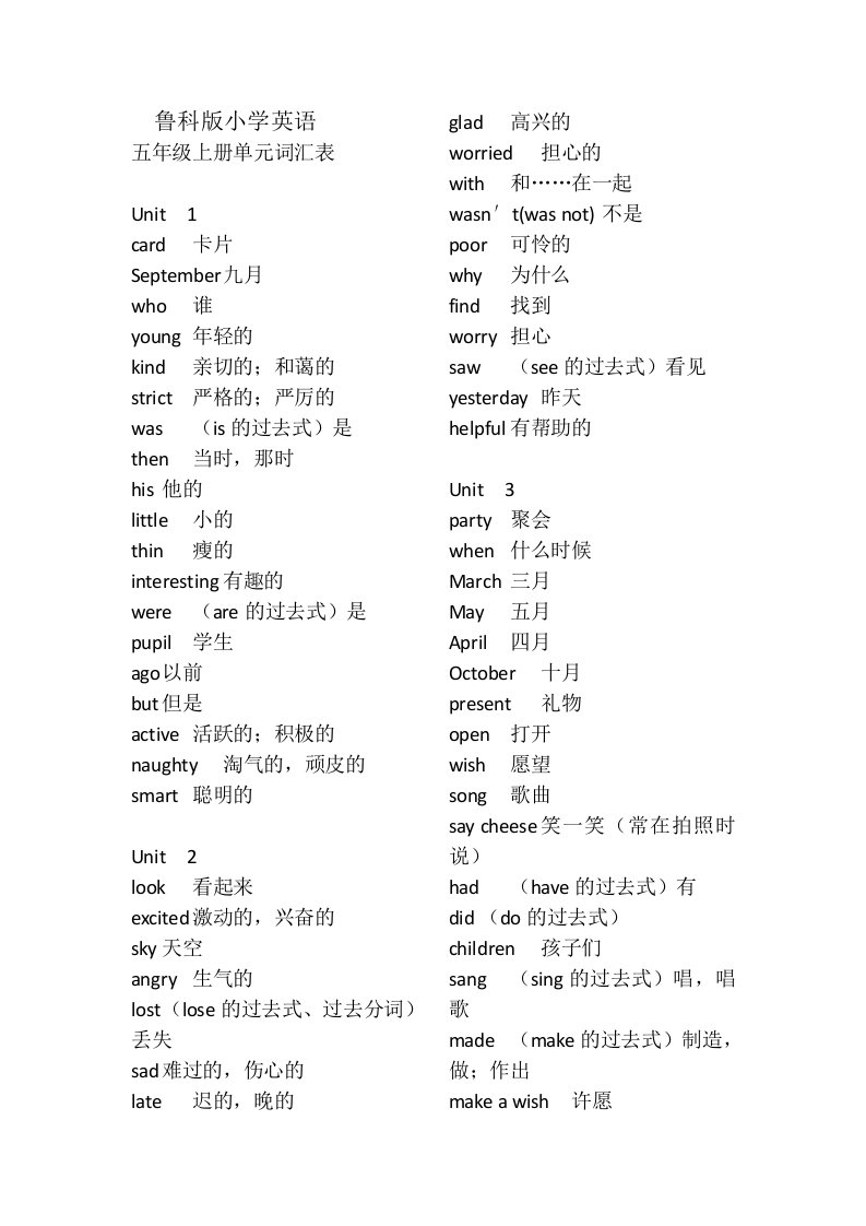 鲁科版小学英语五年级上下册词汇表