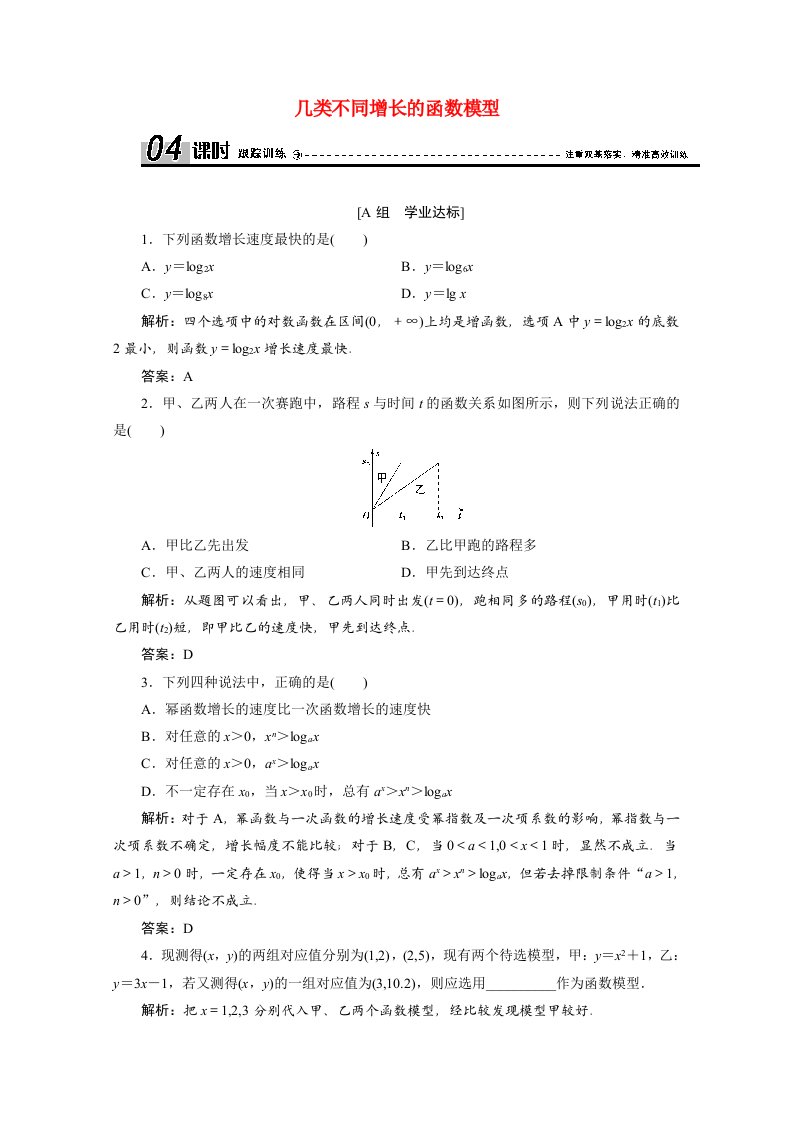 2020-2021学年高中数学第三章函数的应用3.2.1几类不同增长的函数模型课时跟踪训练含解析新人教A版必修