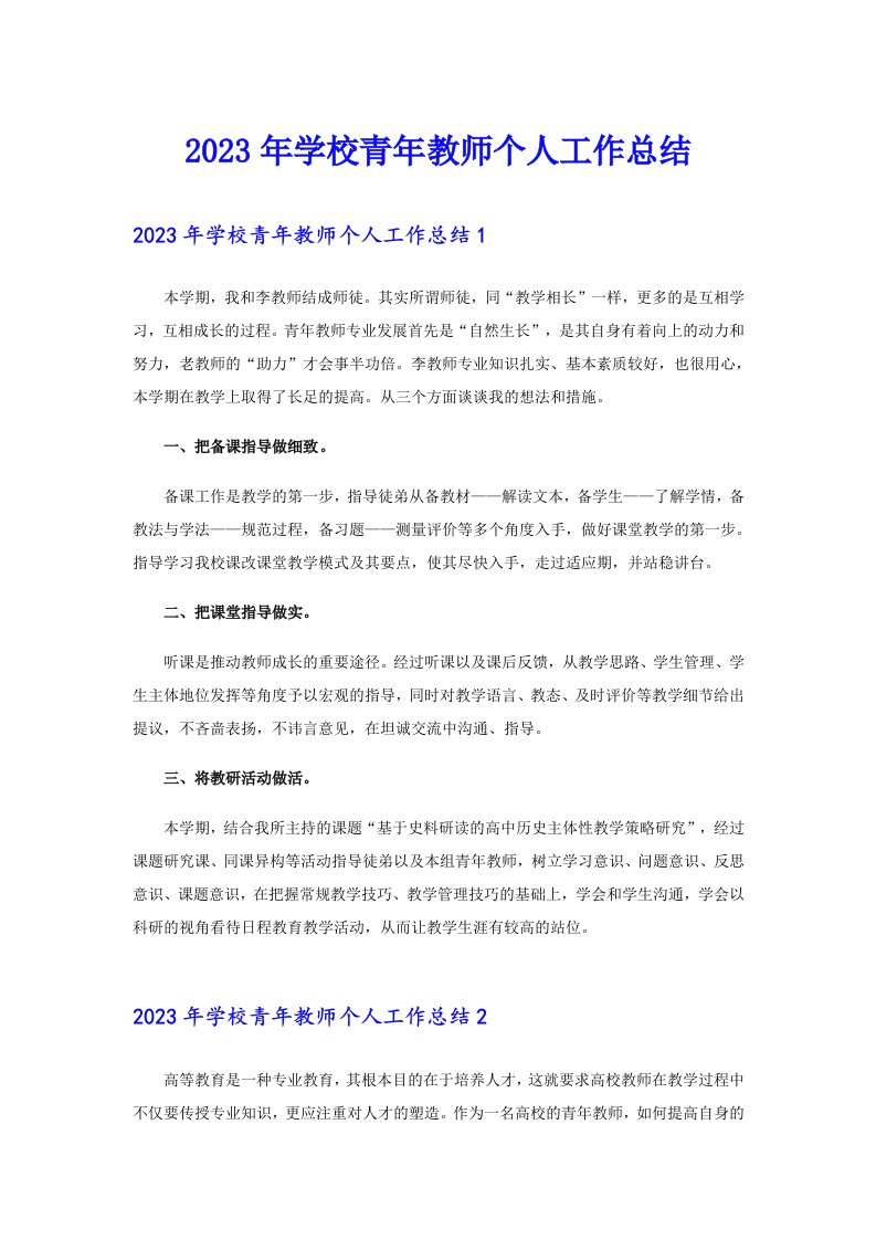 2023年学校青年教师个人工作总结